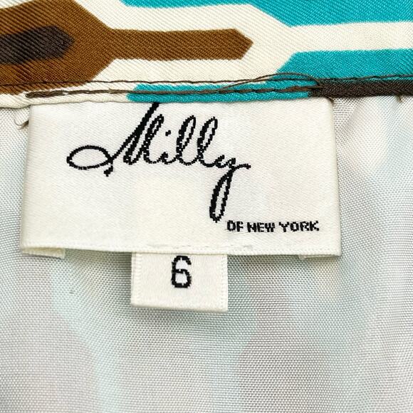 Milly Womens 6 Pencil Skirt 100% Silk Geometric Ikat Brown Green Cream Lined - Picture 5 of 6